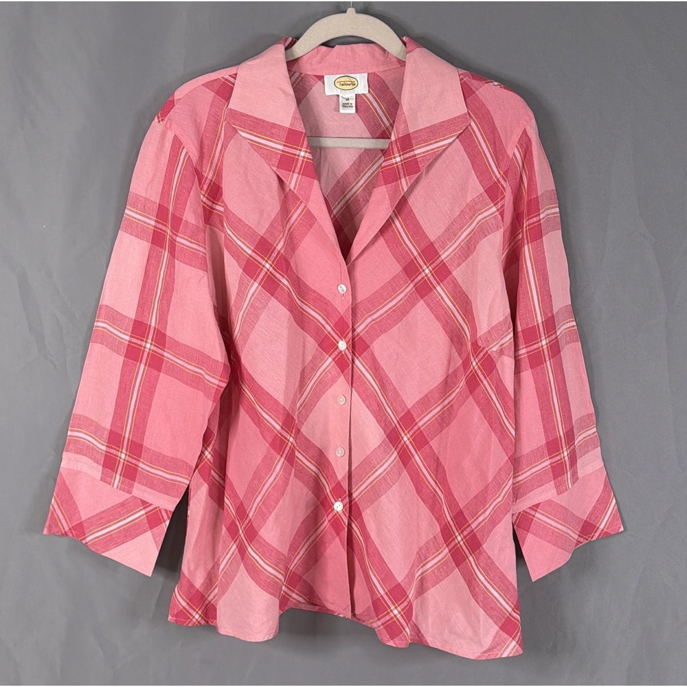 Talbots Top Womens 18 Pink Linen Plaid 3/4 Sleeve Button Front Shirt Blouse